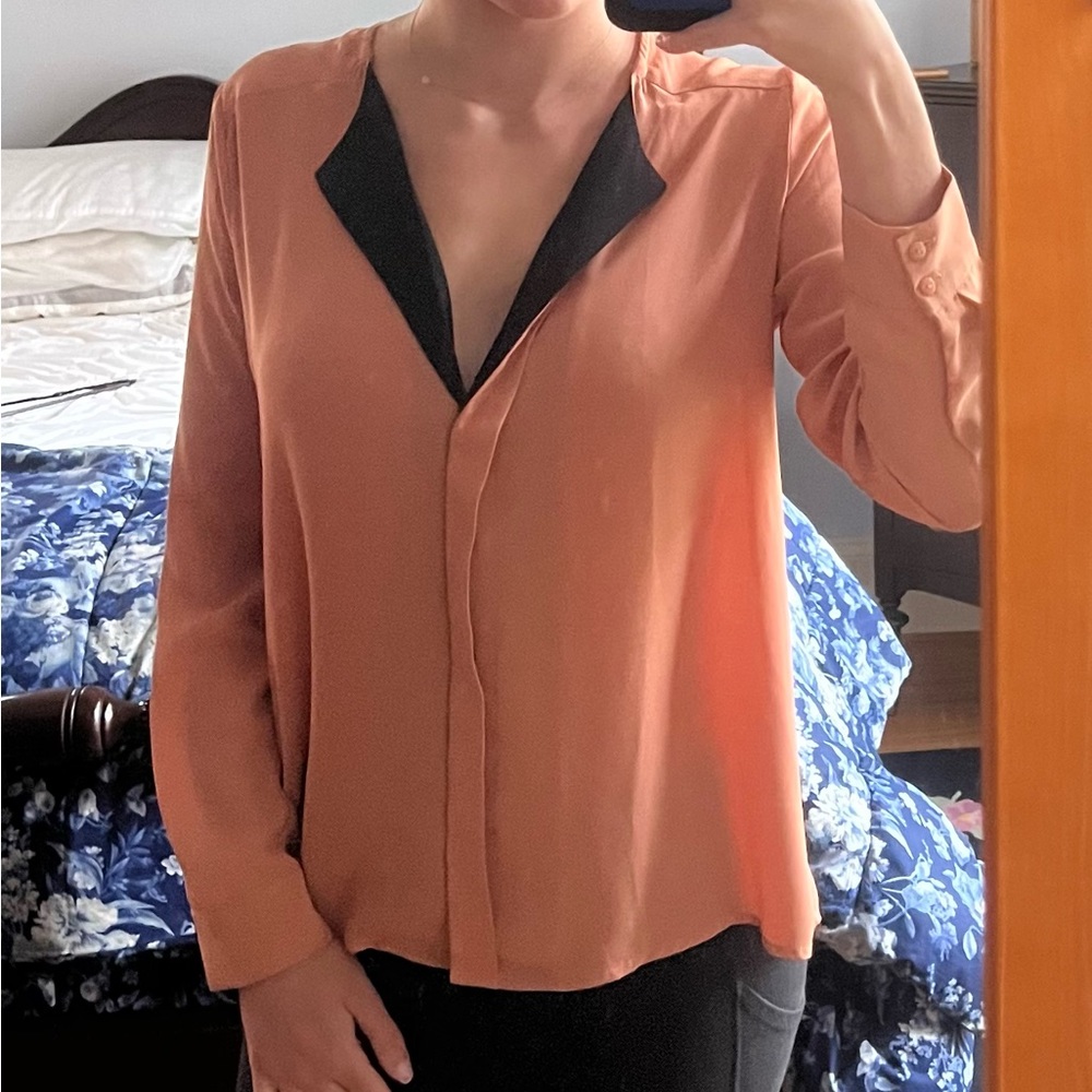 Ashley Hilton peach blouse perfect for work causal over the summer!
